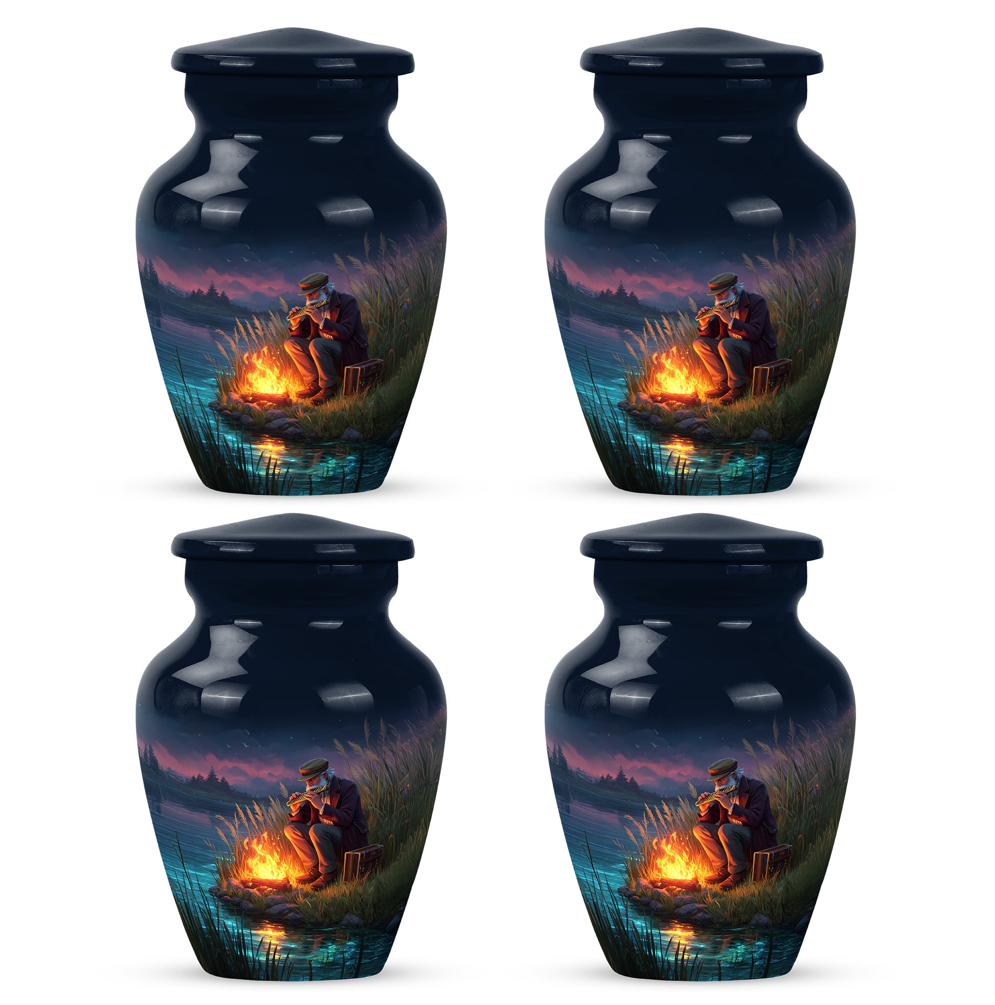Navy Blue Campfire Cremation Urn side profile showing urn shape - timeless campfire motif etched into premium metal - 10 inch aluminum urn for cremated remains