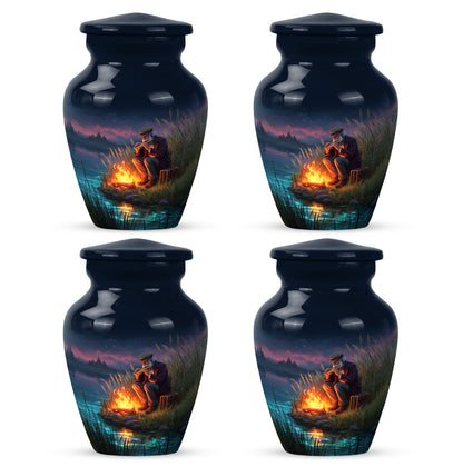 Navy Blue Campfire Cremation Urn side profile showing urn shape - timeless campfire motif etched into premium metal - 10 inch aluminum urn for cremated remains