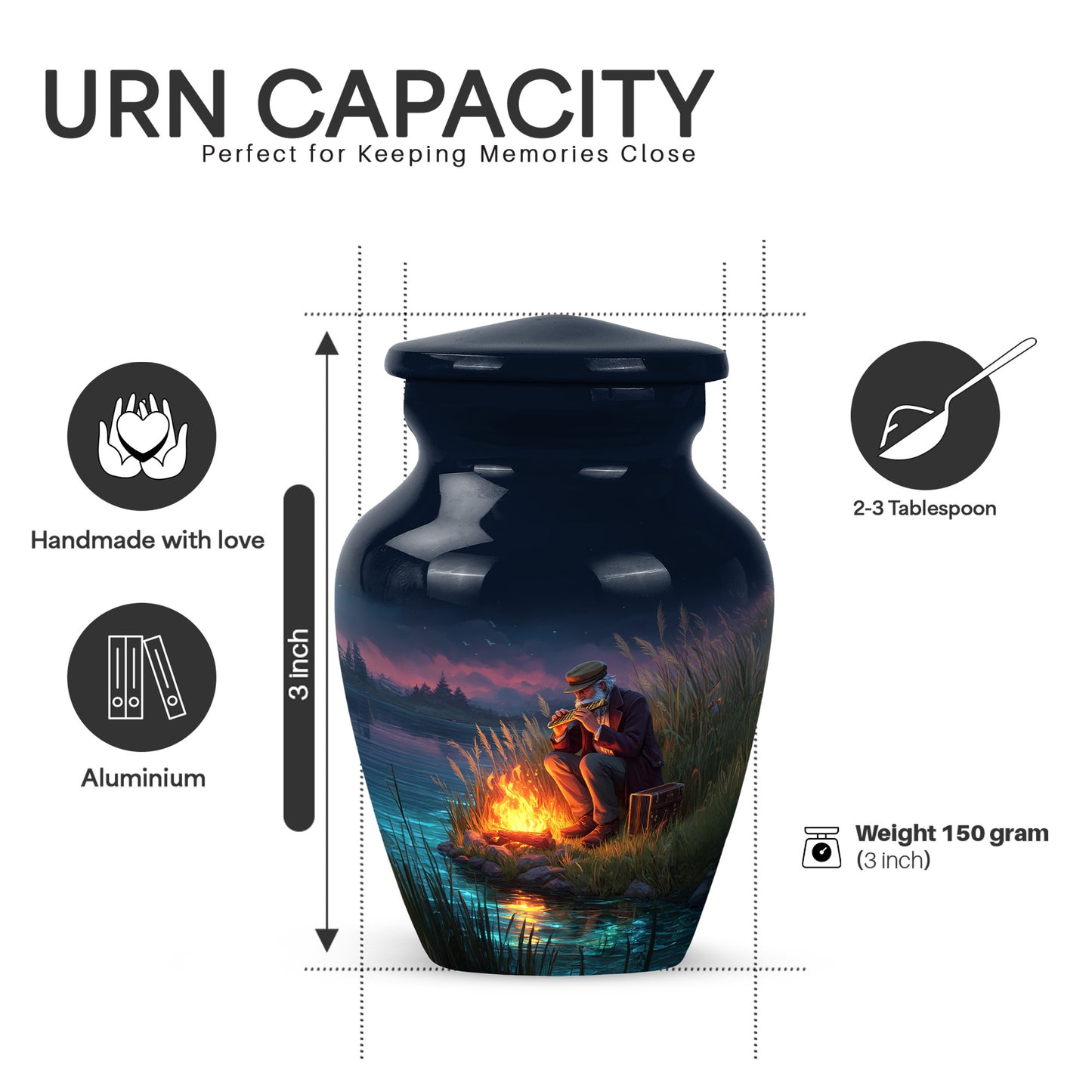 Sapphire Blue Campfire Cremation Urn close-up of engraving and surface detail - traditional campfire engraving with hand-polished finish - mini keepsake memorial for portion of cremation ashes