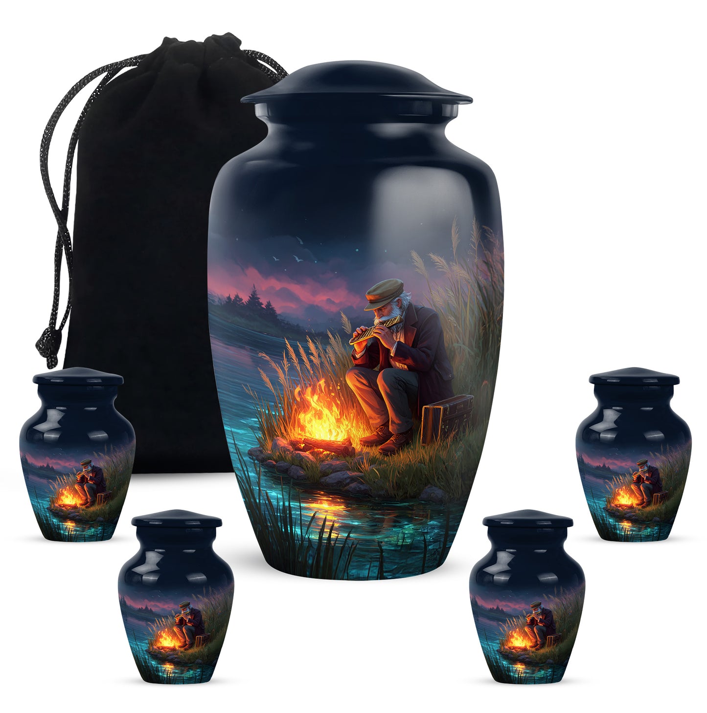 Steel Blue Campfire Cremation Urn top-down view of secure threaded lid - traditional campfire engraving with hand-polished finish - memorial set with one large and four small urns