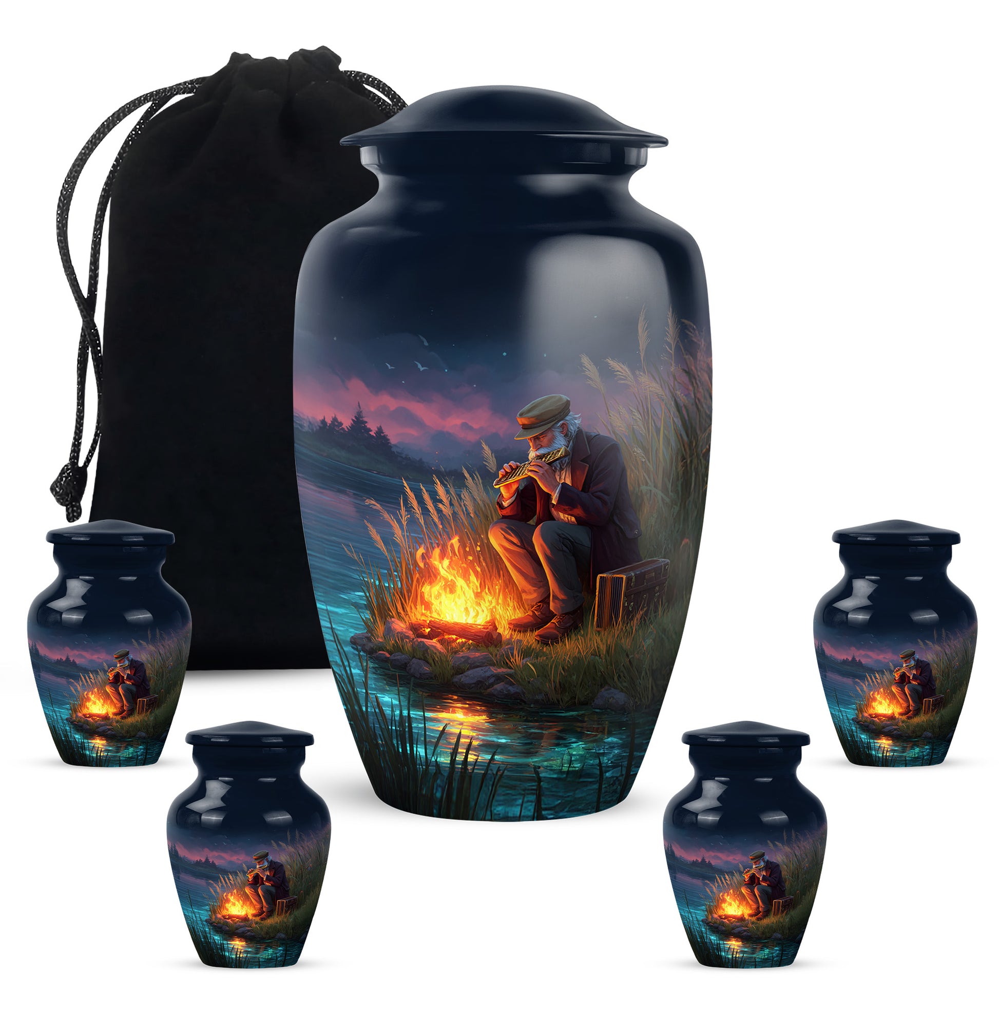 Steel Blue Campfire Cremation Urn top-down view of secure threaded lid - traditional campfire engraving with hand-polished finish - memorial set with one large and four small urns