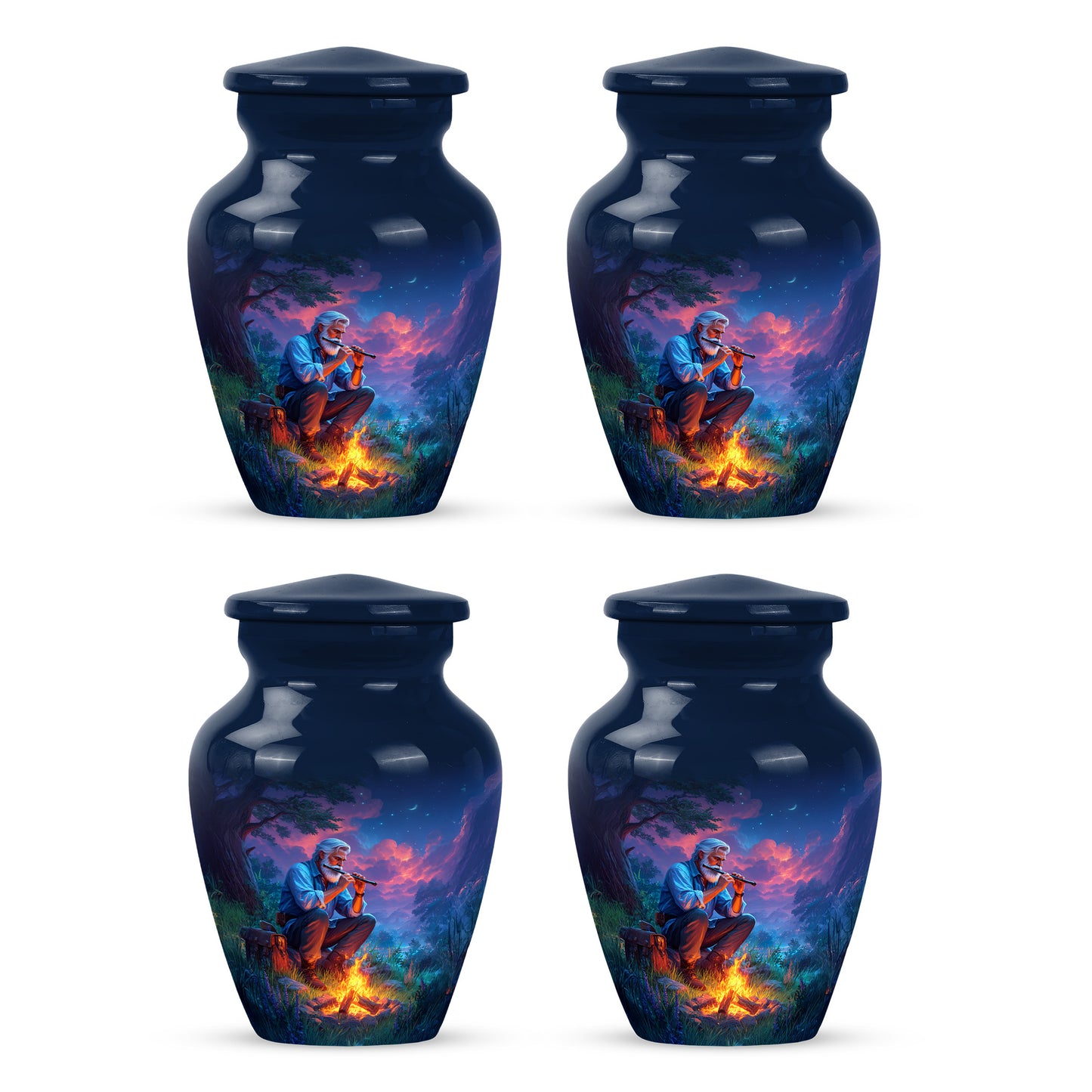Misty Blue Campfire Cremation Urn side profile showing urn shape - timeless campfire motif etched into premium metal - 10 inch aluminum urn for cremated remains