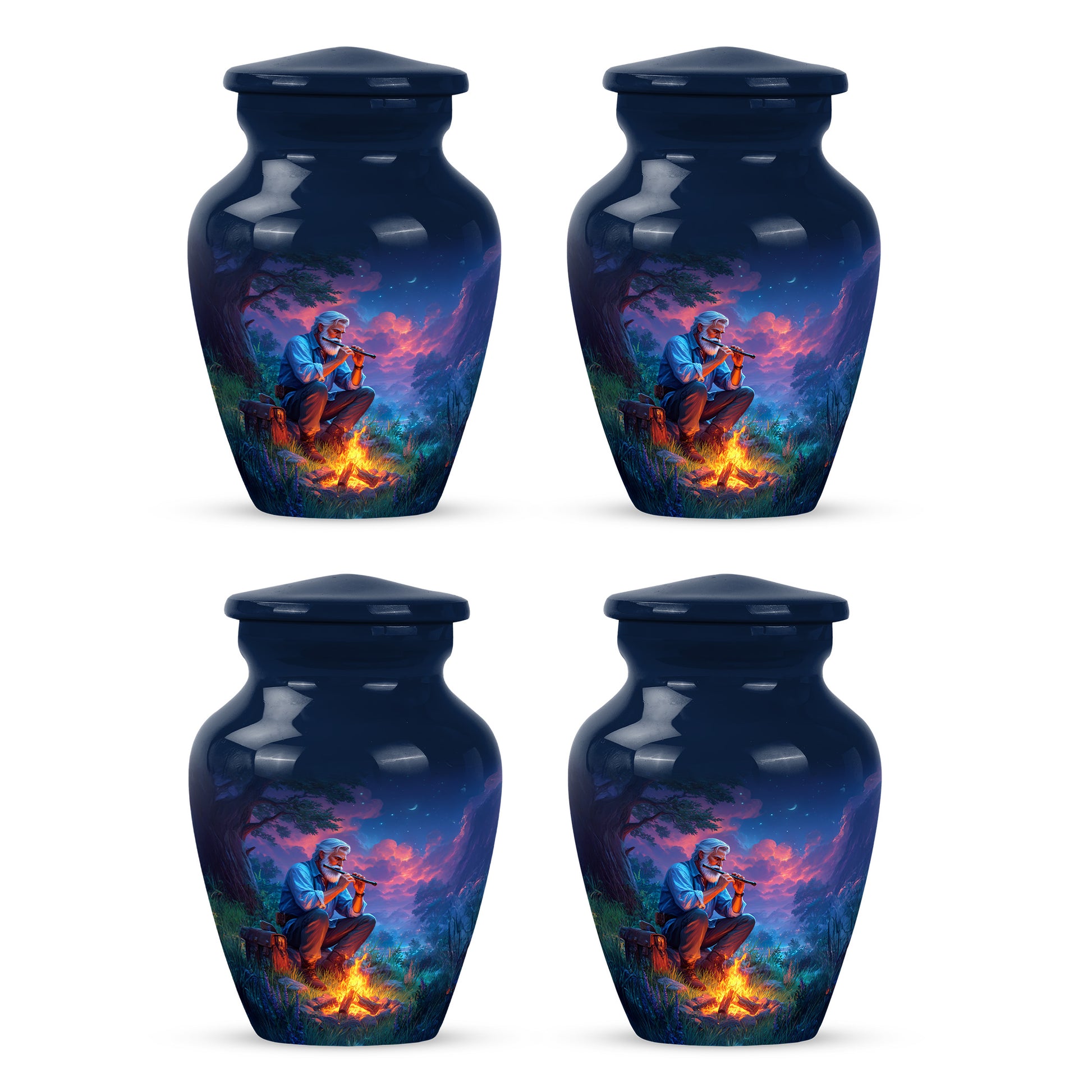 Misty Blue Campfire Cremation Urn side profile showing urn shape - timeless campfire motif etched into premium metal - 10 inch aluminum urn for cremated remains
