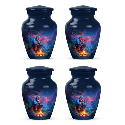 Misty Blue Campfire Cremation Urn side profile showing urn shape - timeless campfire motif etched into premium metal - 10 inch aluminum urn for cremated remains