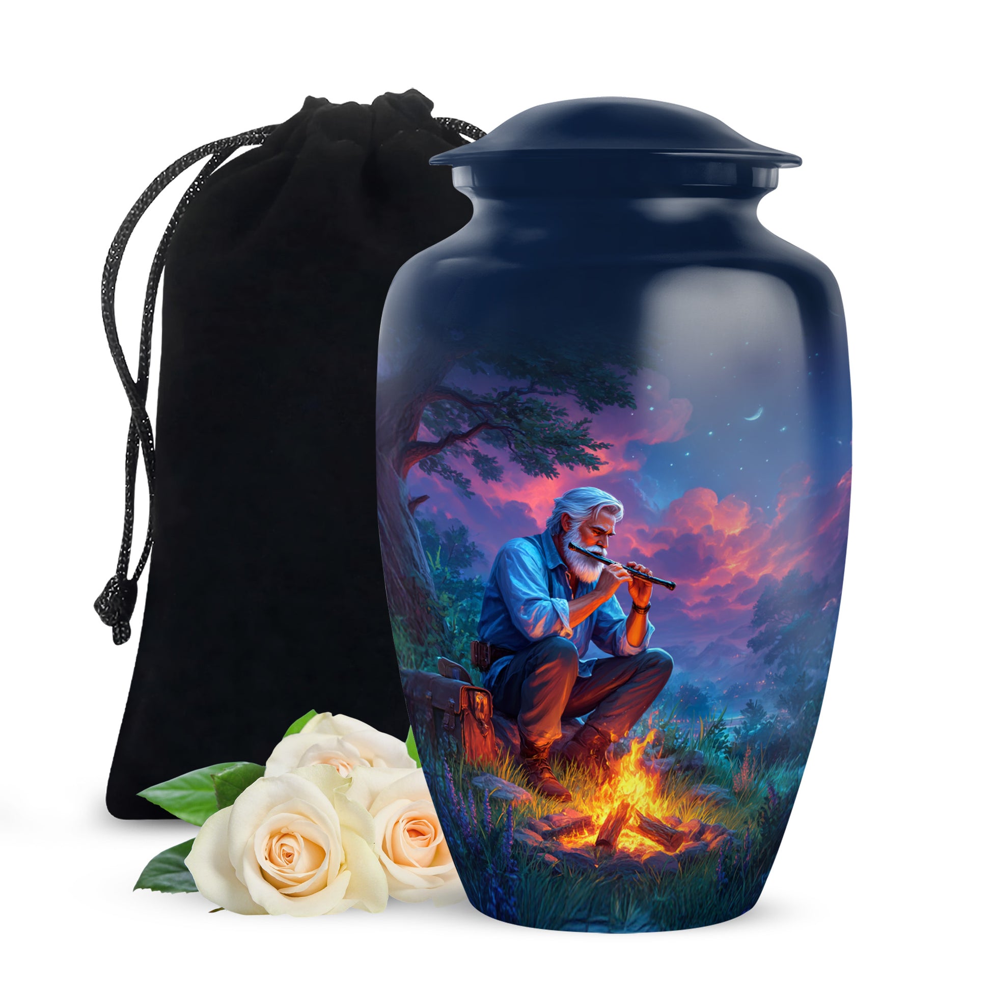 Twilight Blue Campfire Cremation Urn angled view of lid and engraved motif - elegant classic campfire relief with fine detailing - full-size 10 inch 200 cubic inch adult cremation urn