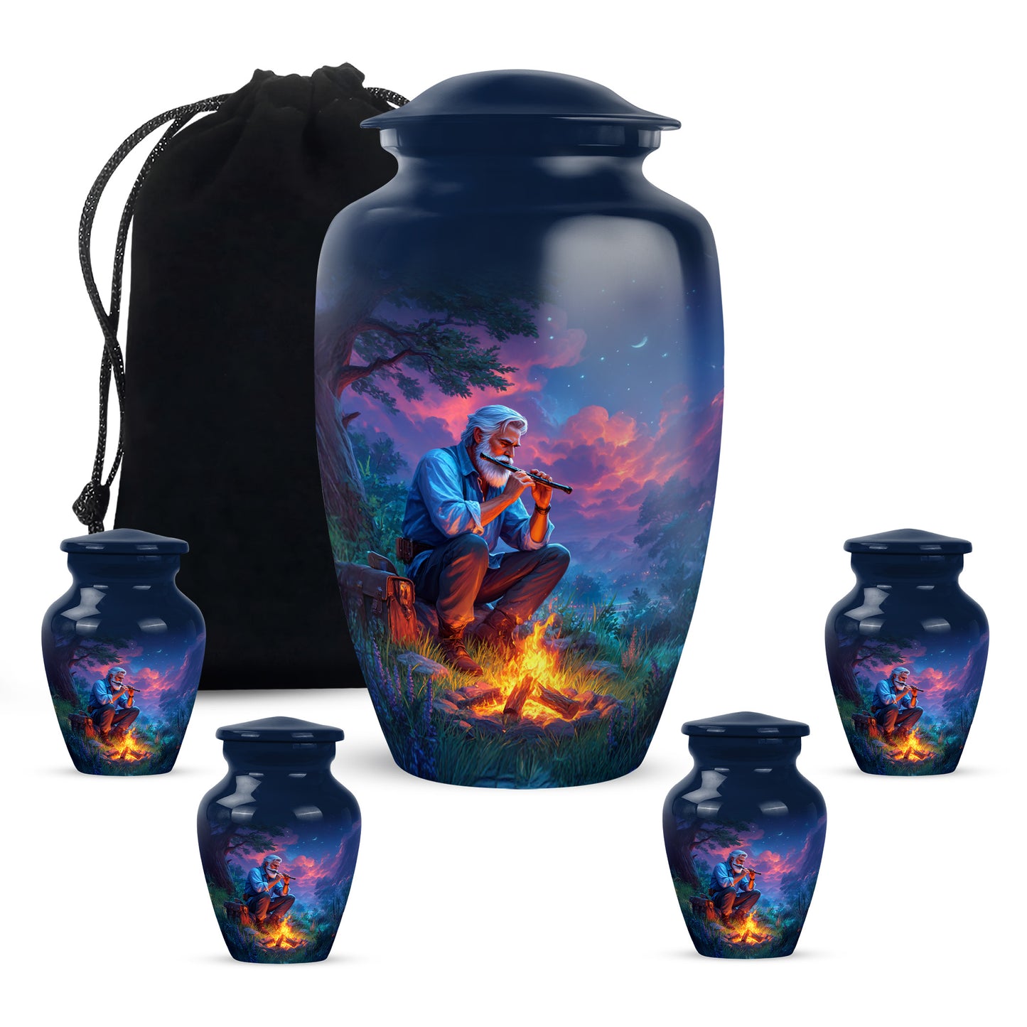 Steel Blue Campfire Cremation Urn top-down view of secure threaded lid - elegant classic campfire relief with fine detailing - memorial set with one large and four small urns