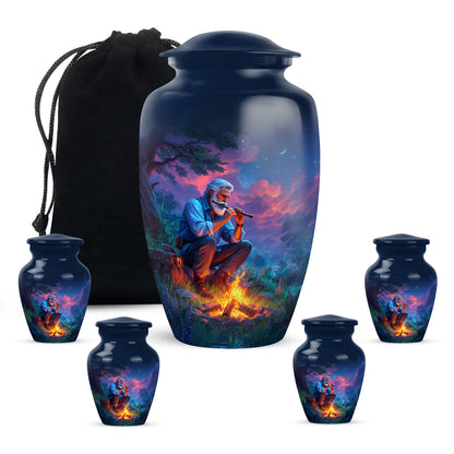 Steel Blue Campfire Cremation Urn top-down view of secure threaded lid - elegant classic campfire relief with fine detailing - memorial set with one large and four small urns