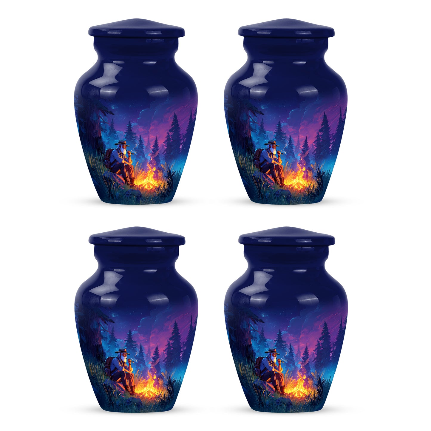 Powder Blue Campfire Cremation Urn side profile showing urn shape - classic sculpted campfire pattern on smooth aluminum - 10 inch aluminum urn for cremated remains