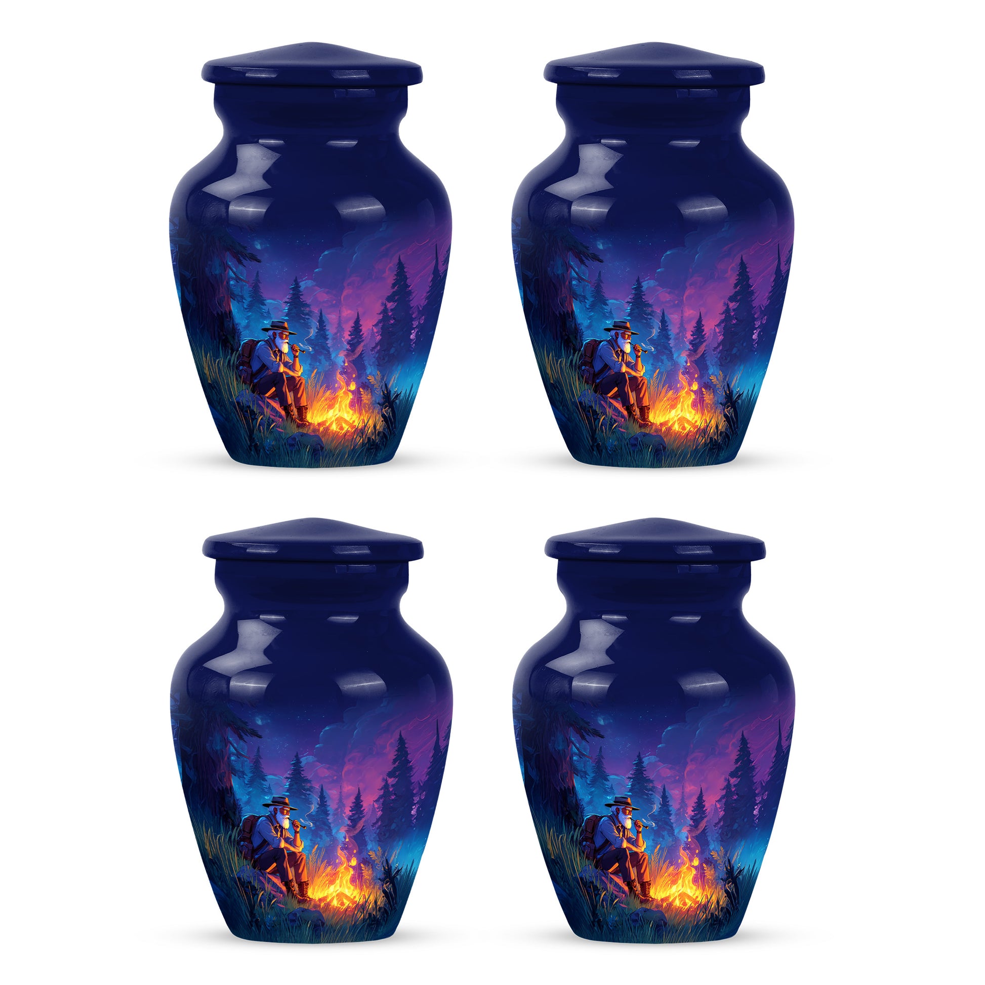 Powder Blue Campfire Cremation Urn side profile showing urn shape - classic sculpted campfire pattern on smooth aluminum - 10 inch aluminum urn for cremated remains