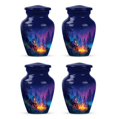 Powder Blue Campfire Cremation Urn side profile showing urn shape - classic sculpted campfire pattern on smooth aluminum - 10 inch aluminum urn for cremated remains