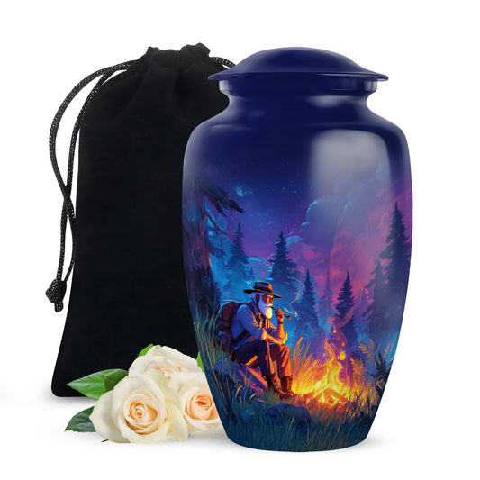 Icy Blue Campfire Cremation Urn angled view of lid and engraved motif - classic sculpted campfire pattern on smooth aluminum - full-size 10 inch 200 cubic inch adult cremation urn