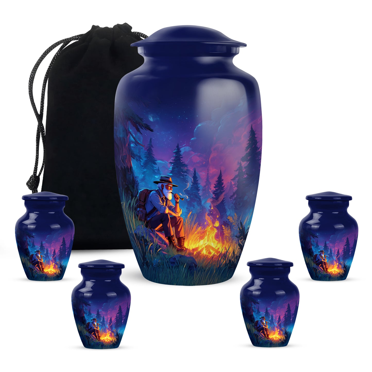 Soft Blue Campfire Cremation Urn top-down view of secure threaded lid - traditional campfire engraving with hand-polished finish - memorial set with one large and four small urns