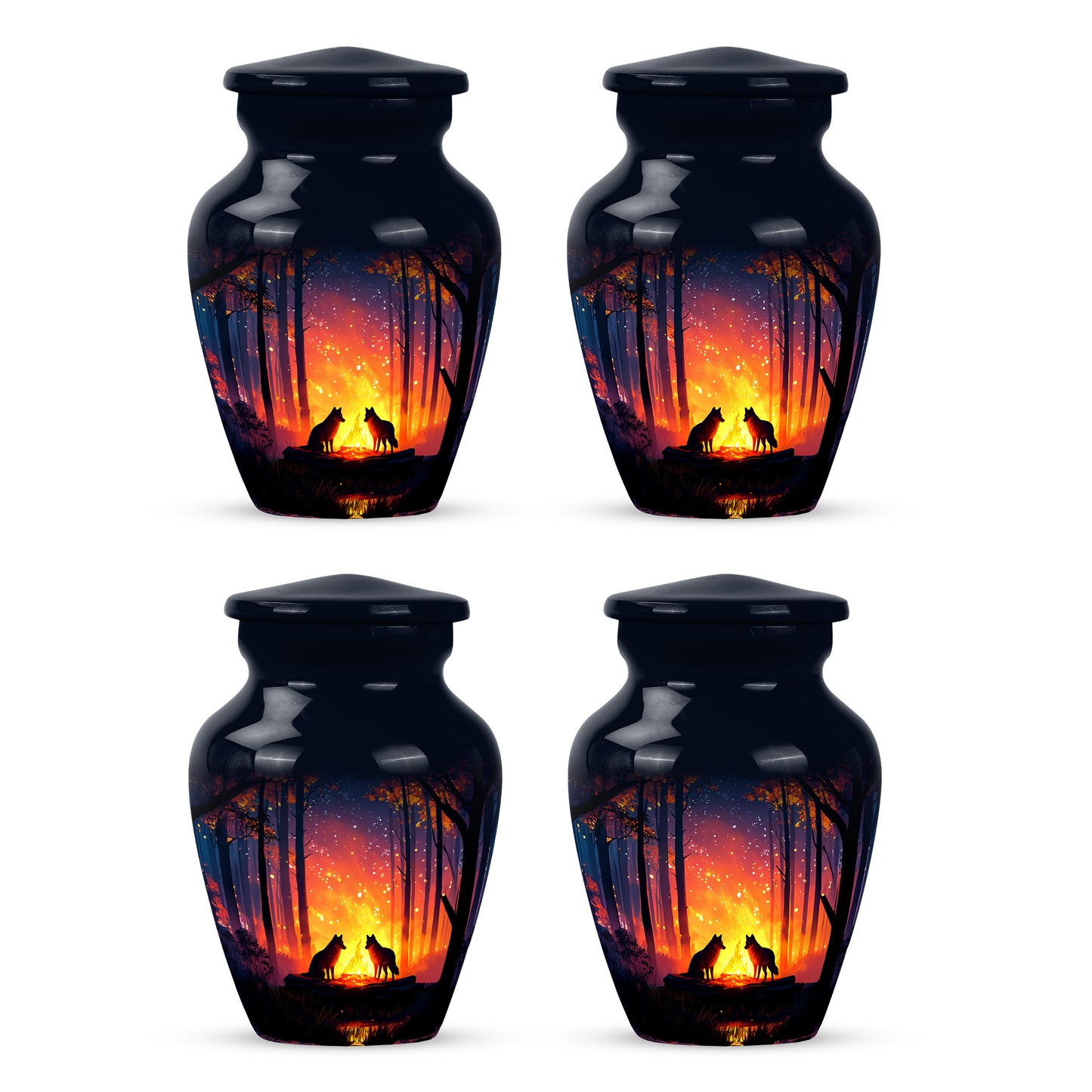 Vivid Blue Campfire Cremation Urn side profile showing urn shape - elegant classic campfire relief with fine detailing - 10 inch aluminum urn for cremated remains