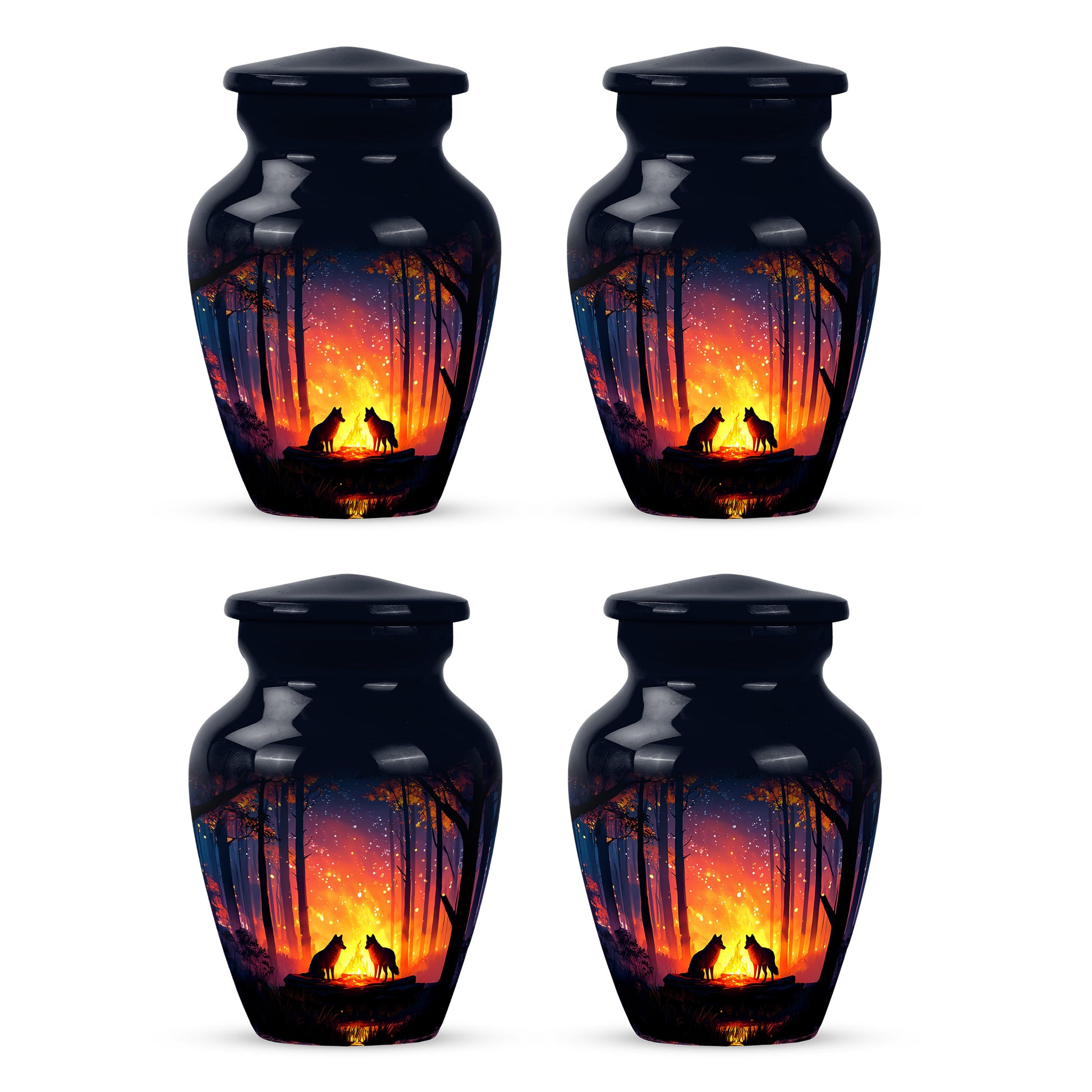 Vivid Blue Campfire Cremation Urn side profile showing urn shape - elegant classic campfire relief with fine detailing - 10 inch aluminum urn for cremated remains