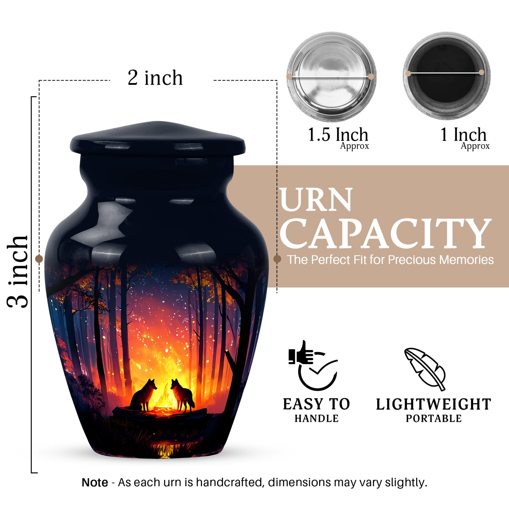 Twilight Blue Campfire Cremation Urn close-up of engraving and surface detail - traditional campfire engraving with hand-polished finish - mini keepsake memorial for portion of cremation ashes