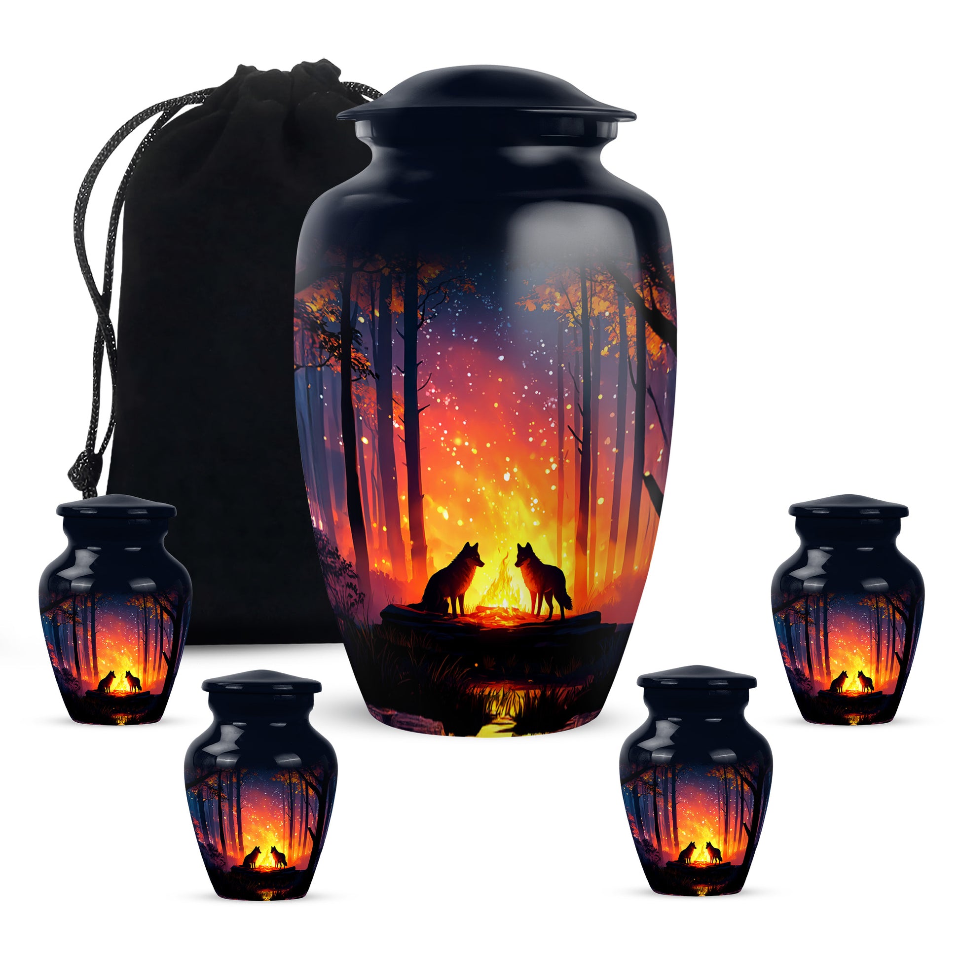 Navy Blue Campfire Cremation Urn top-down view of secure threaded lid - timeless campfire motif etched into premium metal - memorial set with one large and four small urns