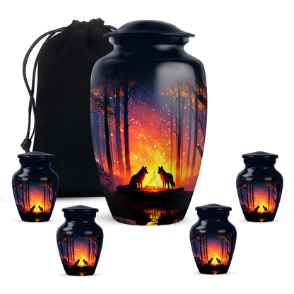 Navy Blue Campfire Cremation Urn top-down view of secure threaded lid - timeless campfire motif etched into premium metal - memorial set with one large and four small urns