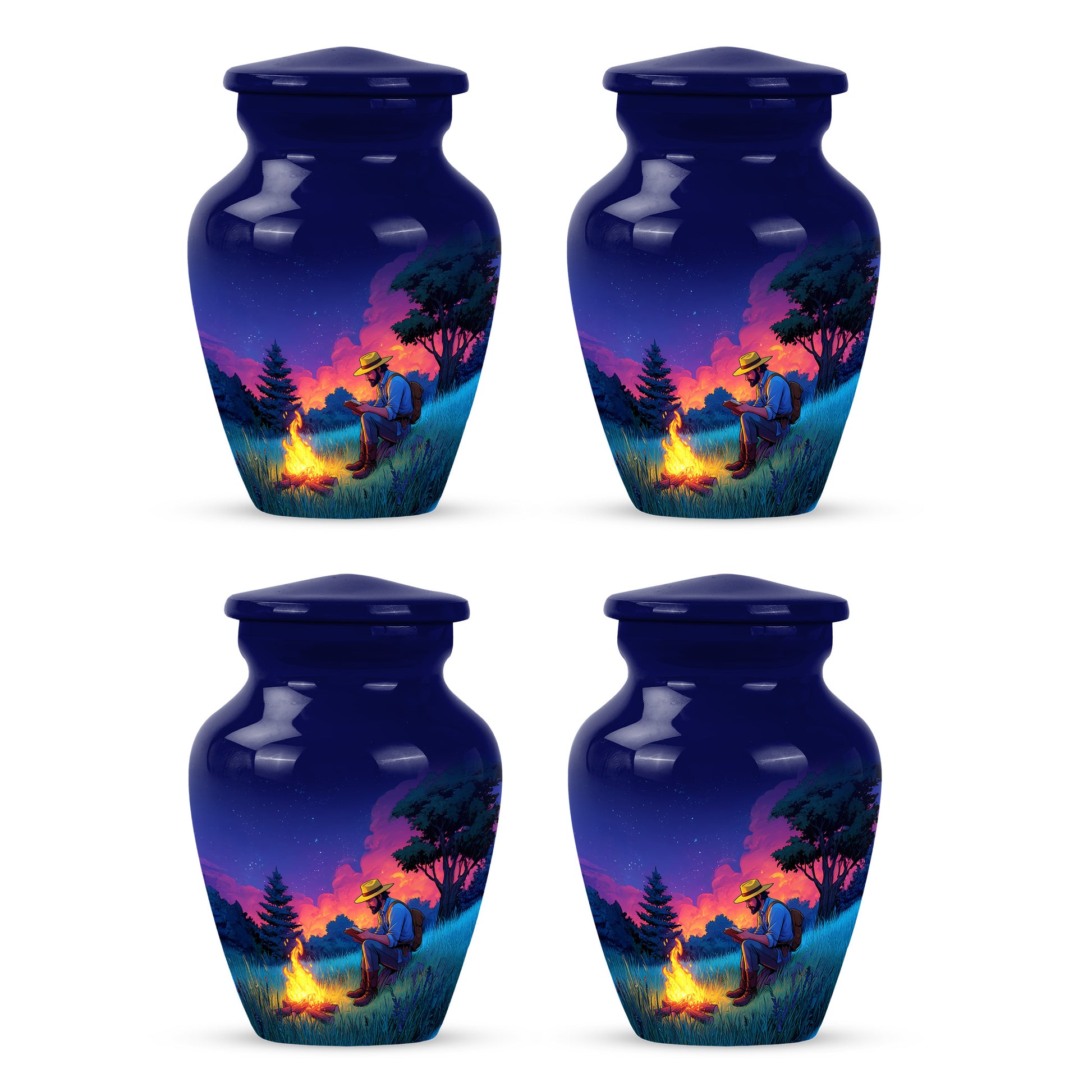 Sapphire Blue Campfire Cremation Urn side profile showing urn shape - elegant classic campfire relief with fine detailing - 10 inch aluminum urn for cremated remains