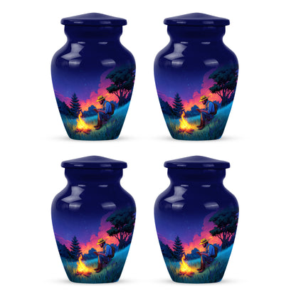 Sapphire Blue Campfire Cremation Urn side profile showing urn shape - elegant classic campfire relief with fine detailing - 10 inch aluminum urn for cremated remains