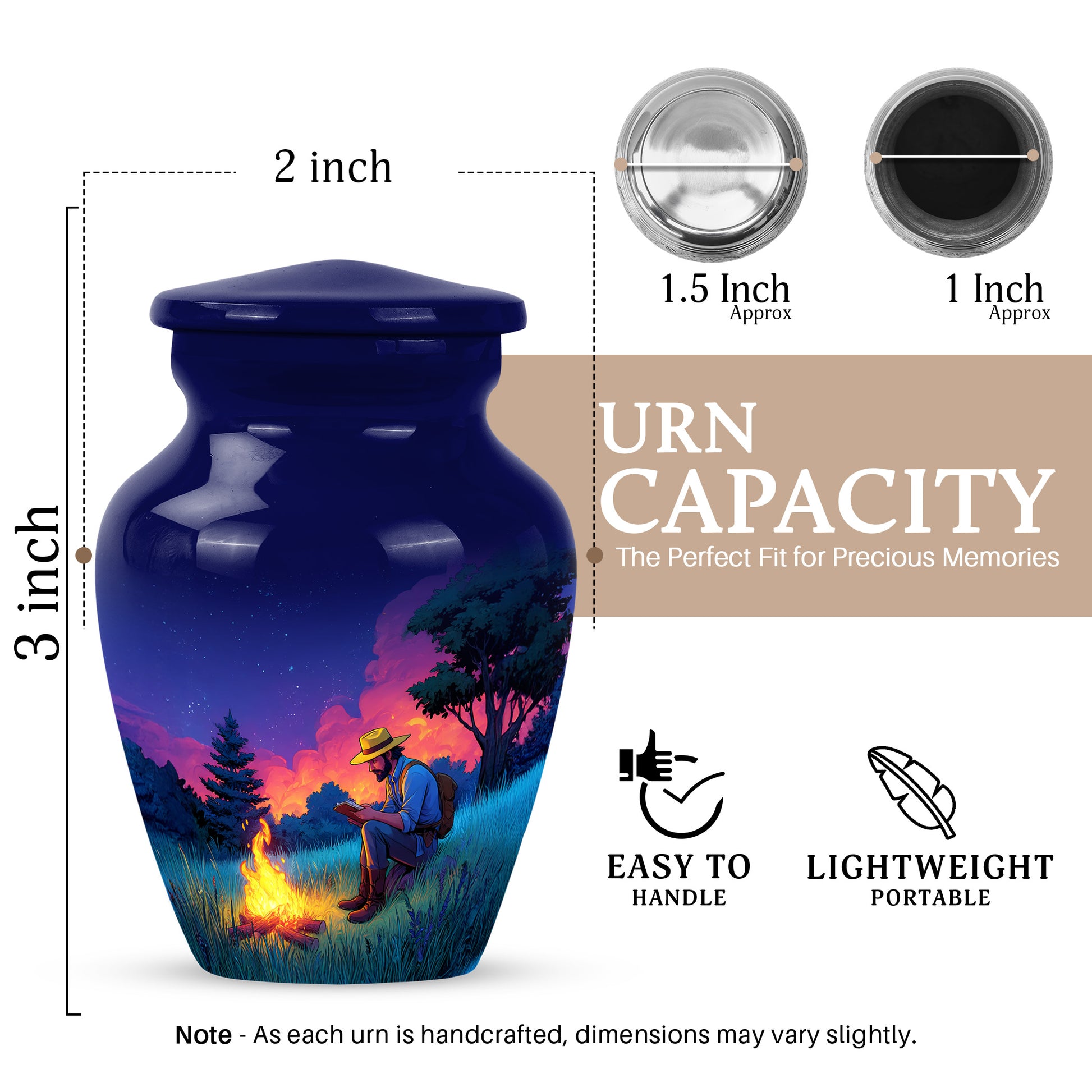 Bright Blue Campfire Cremation Urn close-up of engraving and surface detail - elegant classic campfire relief with fine detailing - mini keepsake memorial for portion of cremation ashes