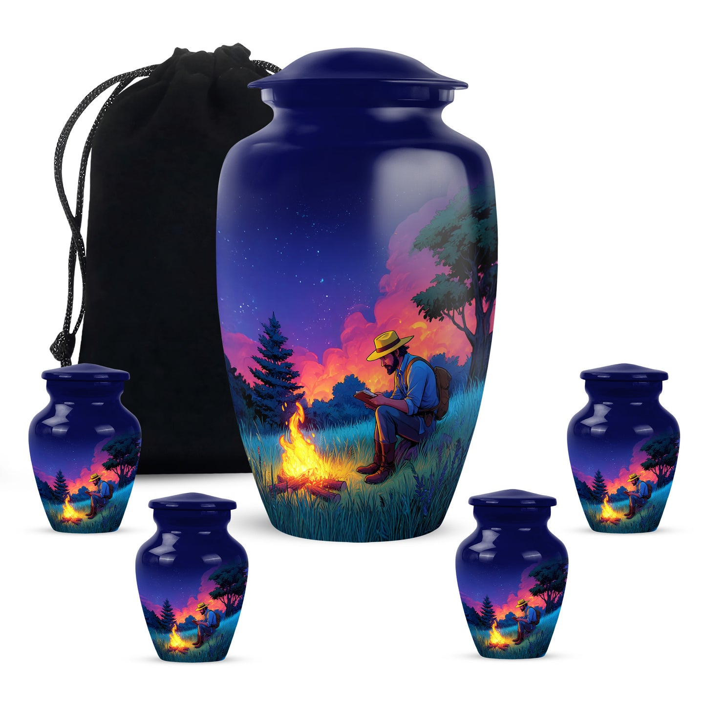 Steel Blue Campfire Cremation Urn top-down view of secure threaded lid - traditional campfire engraving with hand-polished finish - memorial set with one large and four small urns