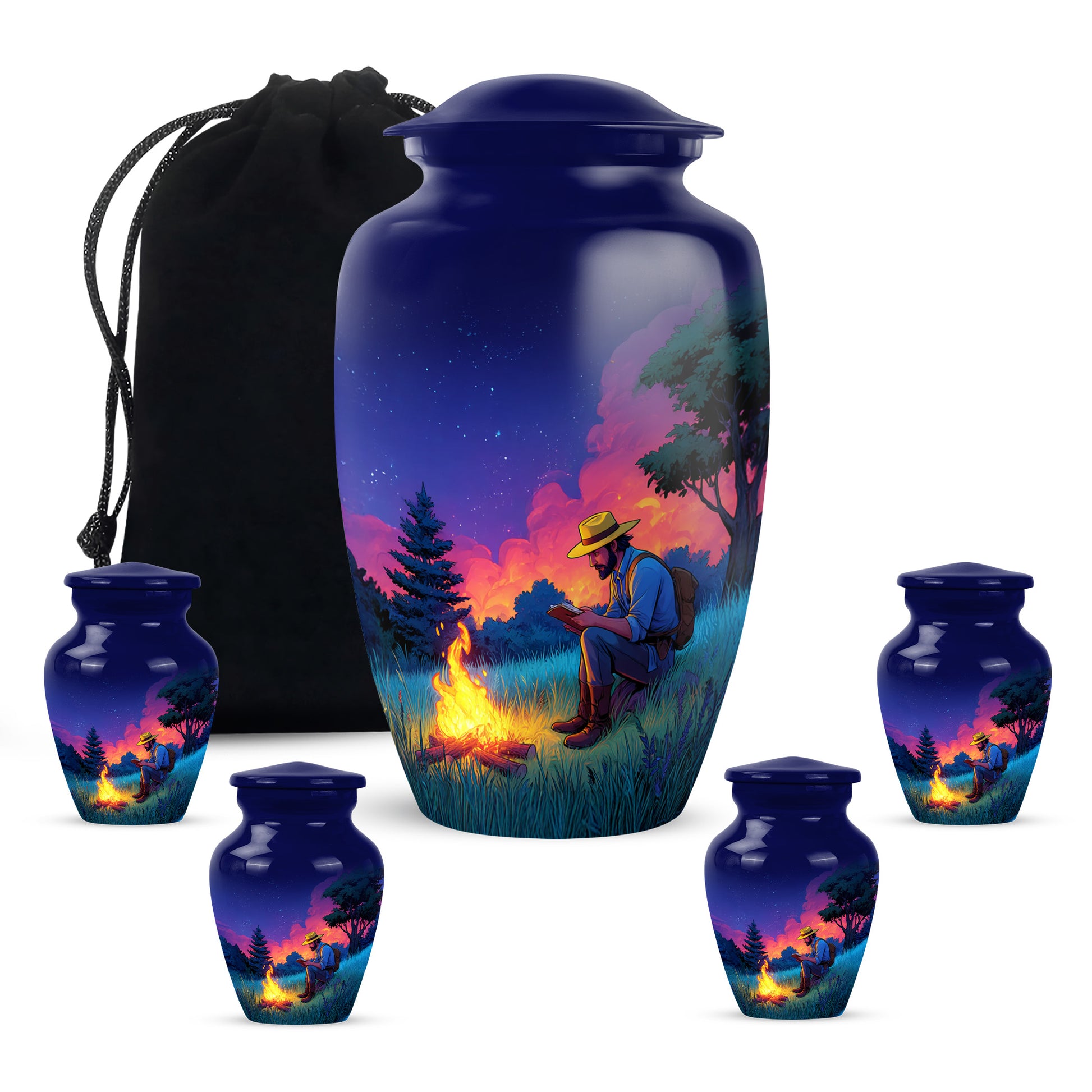 Steel Blue Campfire Cremation Urn top-down view of secure threaded lid - traditional campfire engraving with hand-polished finish - memorial set with one large and four small urns