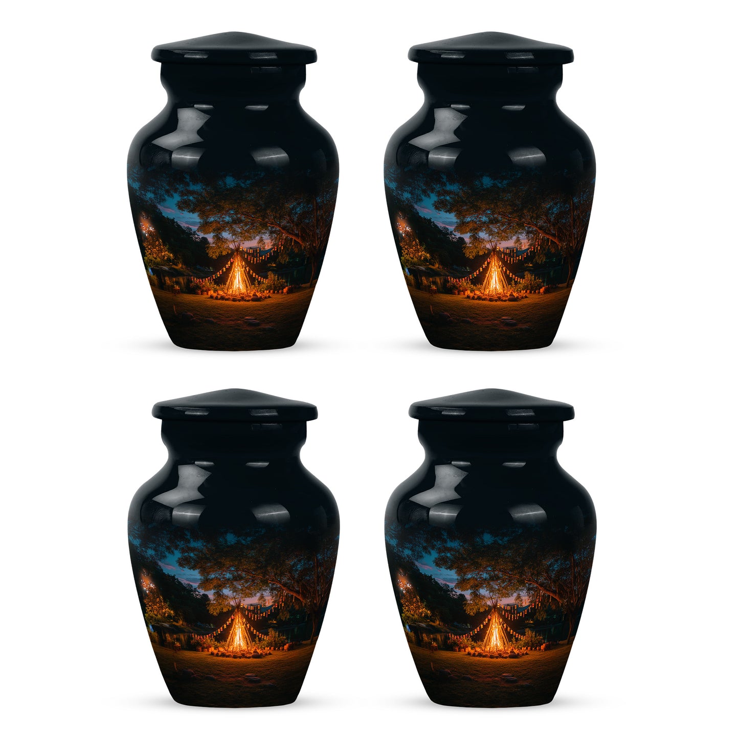 Bright Blue Campfire Cremation Urn side profile showing urn shape - elegant classic campfire relief with fine detailing - 10 inch aluminum urn for cremated remains