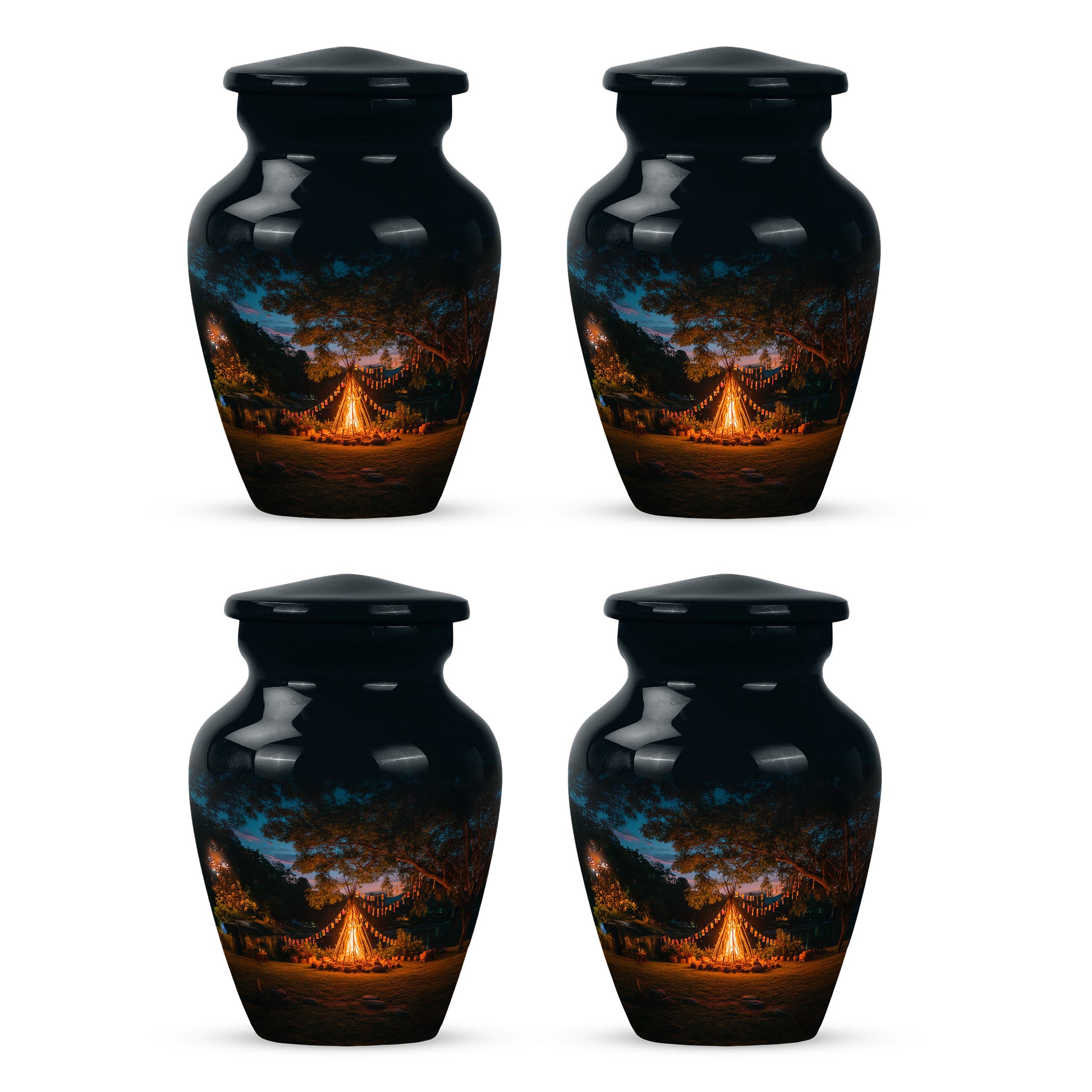 Bright Blue Campfire Cremation Urn side profile showing urn shape - elegant classic campfire relief with fine detailing - 10 inch aluminum urn for cremated remains