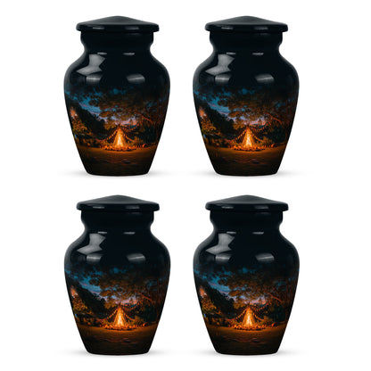 Bright Blue Campfire Cremation Urn side profile showing urn shape - elegant classic campfire relief with fine detailing - 10 inch aluminum urn for cremated remains
