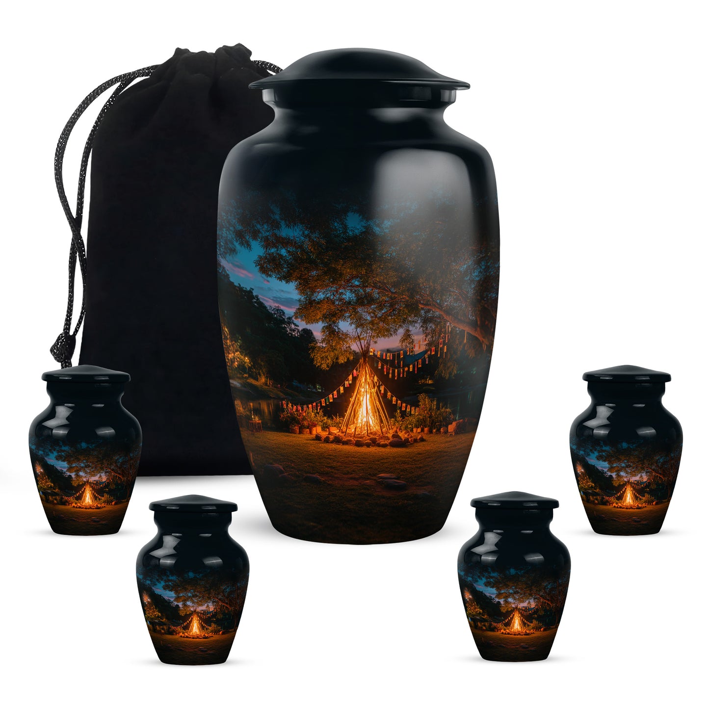 Cobalt Blue Campfire Cremation Urn top-down view of secure threaded lid - elegant classic campfire relief with fine detailing - memorial set with one large and four small urns