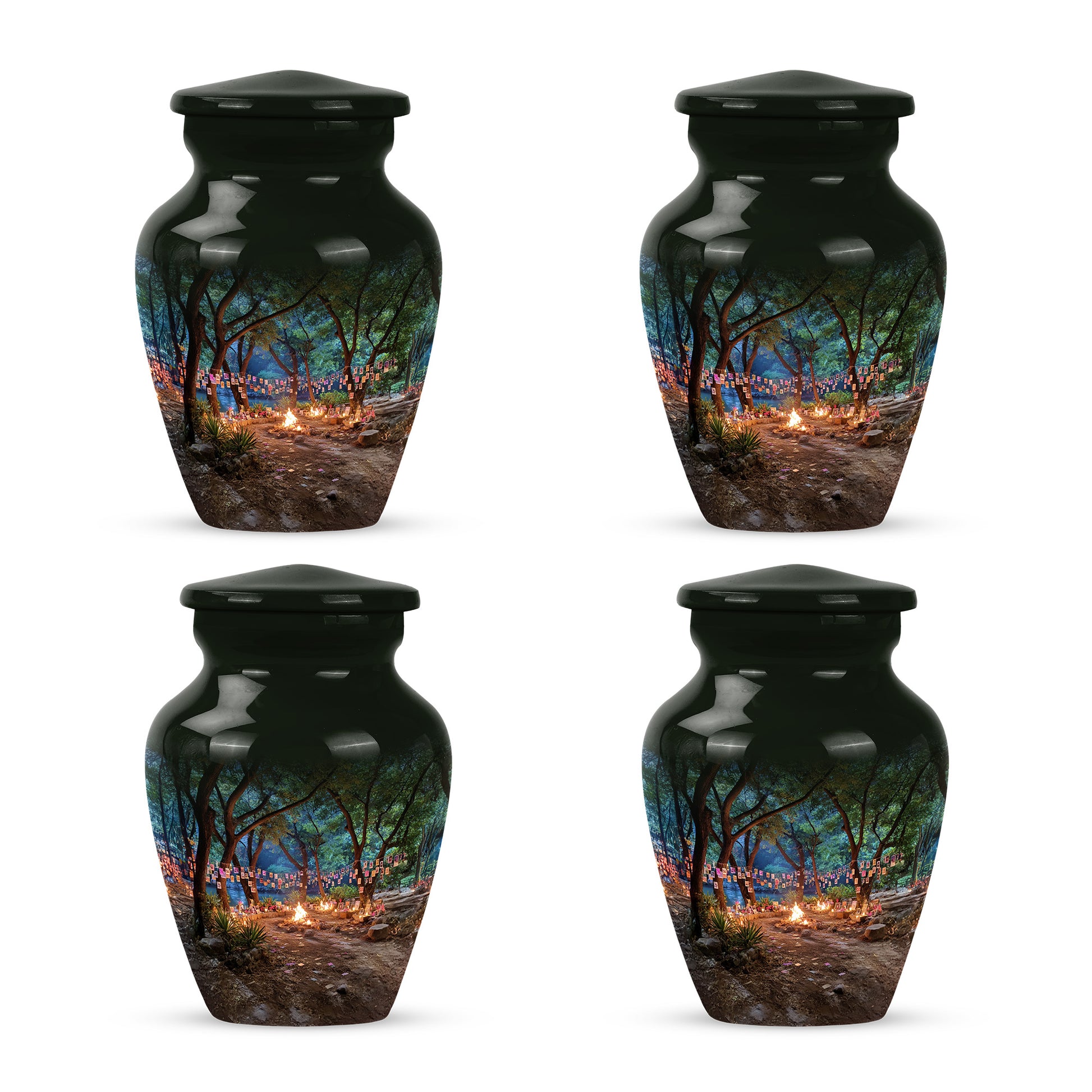 Glossy Black Campfire Cremation Urn side profile showing urn shape - timeless campfire motif etched into premium metal - 10 inch aluminum urn for cremated remains