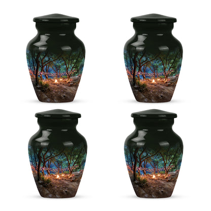 Glossy Black Campfire Cremation Urn side profile showing urn shape - timeless campfire motif etched into premium metal - 10 inch aluminum urn for cremated remains