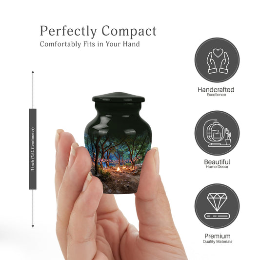 Deep Black Campfire Cremation Urn close-up of engraving and surface detail - classic sculpted campfire pattern on smooth aluminum - mini keepsake memorial for portion of cremation ashes