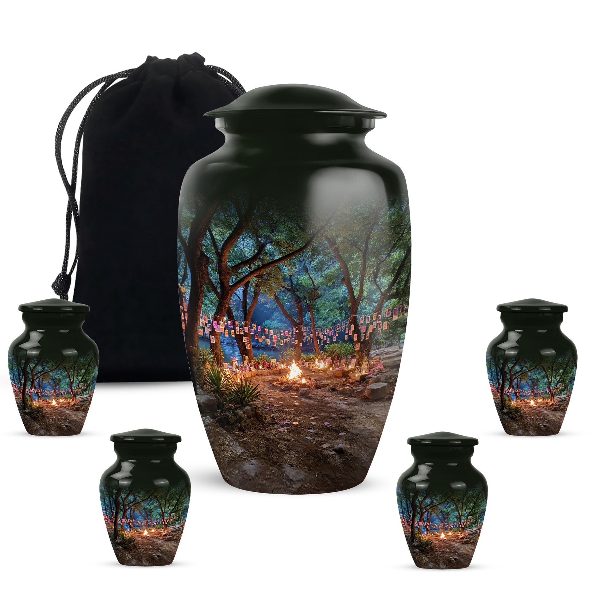 Jet Black Campfire Cremation Urn top-down view of secure threaded lid - classic sculpted campfire pattern on smooth aluminum - memorial set with one large and four small urns