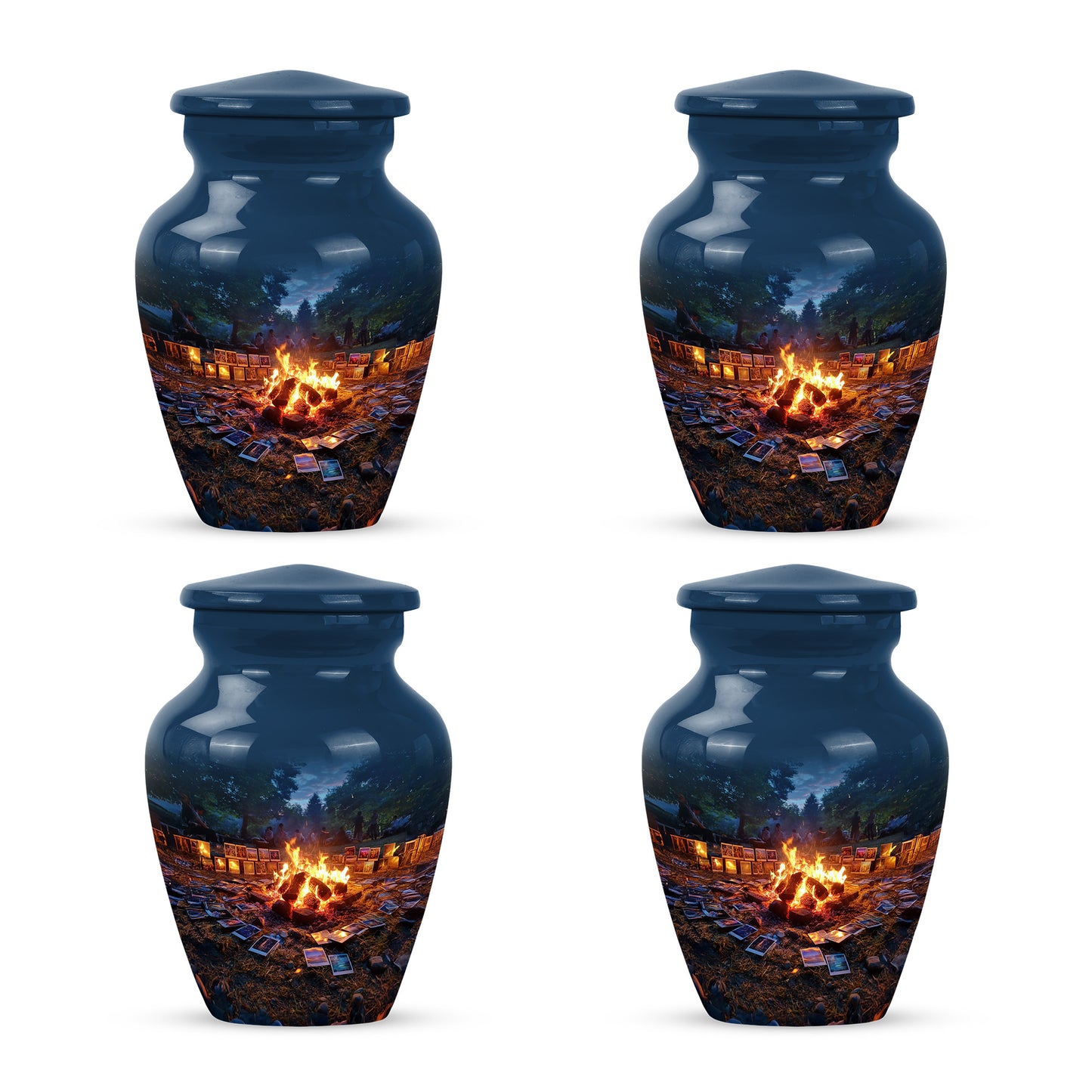 Steel Blue Campfire Cremation Urn side profile showing urn shape - elegant classic campfire relief with fine detailing - 10 inch aluminum urn for cremated remains