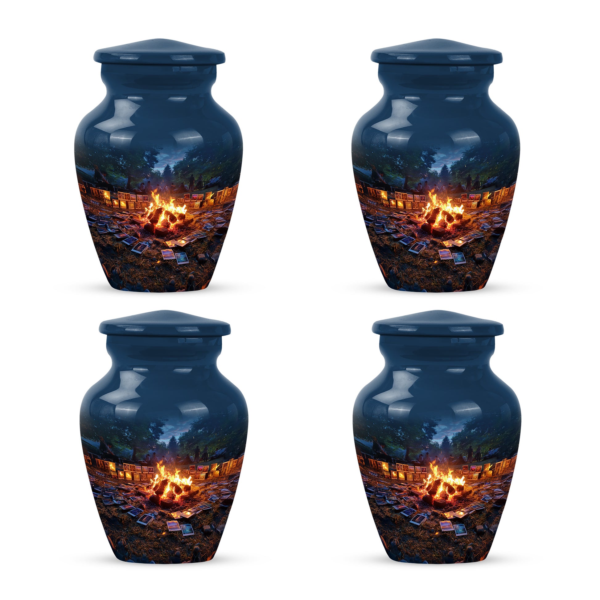 Steel Blue Campfire Cremation Urn side profile showing urn shape - elegant classic campfire relief with fine detailing - 10 inch aluminum urn for cremated remains