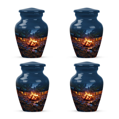 Steel Blue Campfire Cremation Urn side profile showing urn shape - elegant classic campfire relief with fine detailing - 10 inch aluminum urn for cremated remains