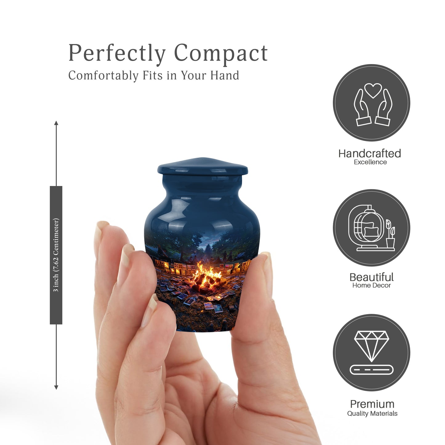 Royal Blue Campfire Cremation Urn close-up of engraving and surface detail - elegant classic campfire relief with fine detailing - mini keepsake memorial for portion of cremation ashes