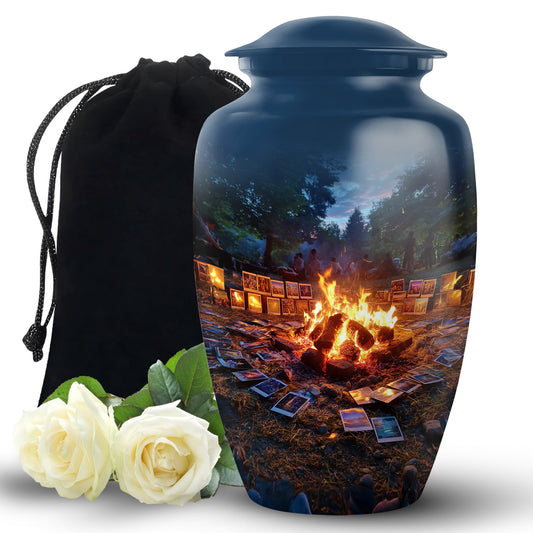 Soft Blue Campfire Cremation Urn angled view of lid and engraved motif - traditional campfire engraving with hand-polished finish - full-size 10 inch 200 cubic inch adult cremation urn