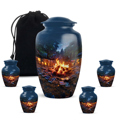 Soft Blue Campfire Cremation Urn top-down view of secure threaded lid - elegant classic campfire relief with fine detailing - memorial set with one large and four small urns