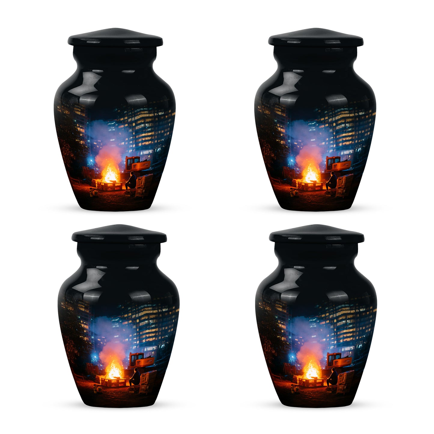 Deep Black Campfire Cremation Urn side profile showing urn shape - classic sculpted campfire pattern on smooth aluminum - 10 inch aluminum urn for cremated remains