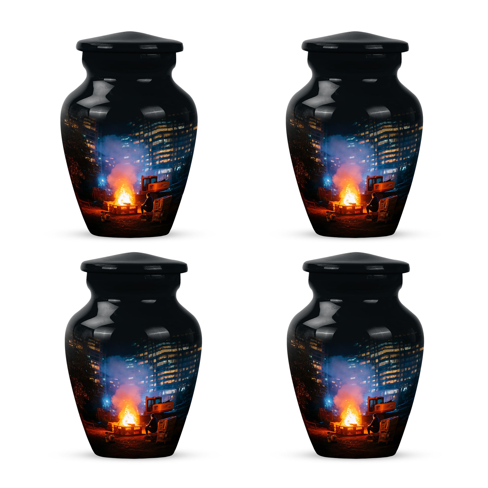 Deep Black Campfire Cremation Urn side profile showing urn shape - classic sculpted campfire pattern on smooth aluminum - 10 inch aluminum urn for cremated remains