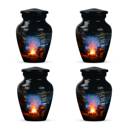Deep Black Campfire Cremation Urn side profile showing urn shape - classic sculpted campfire pattern on smooth aluminum - 10 inch aluminum urn for cremated remains