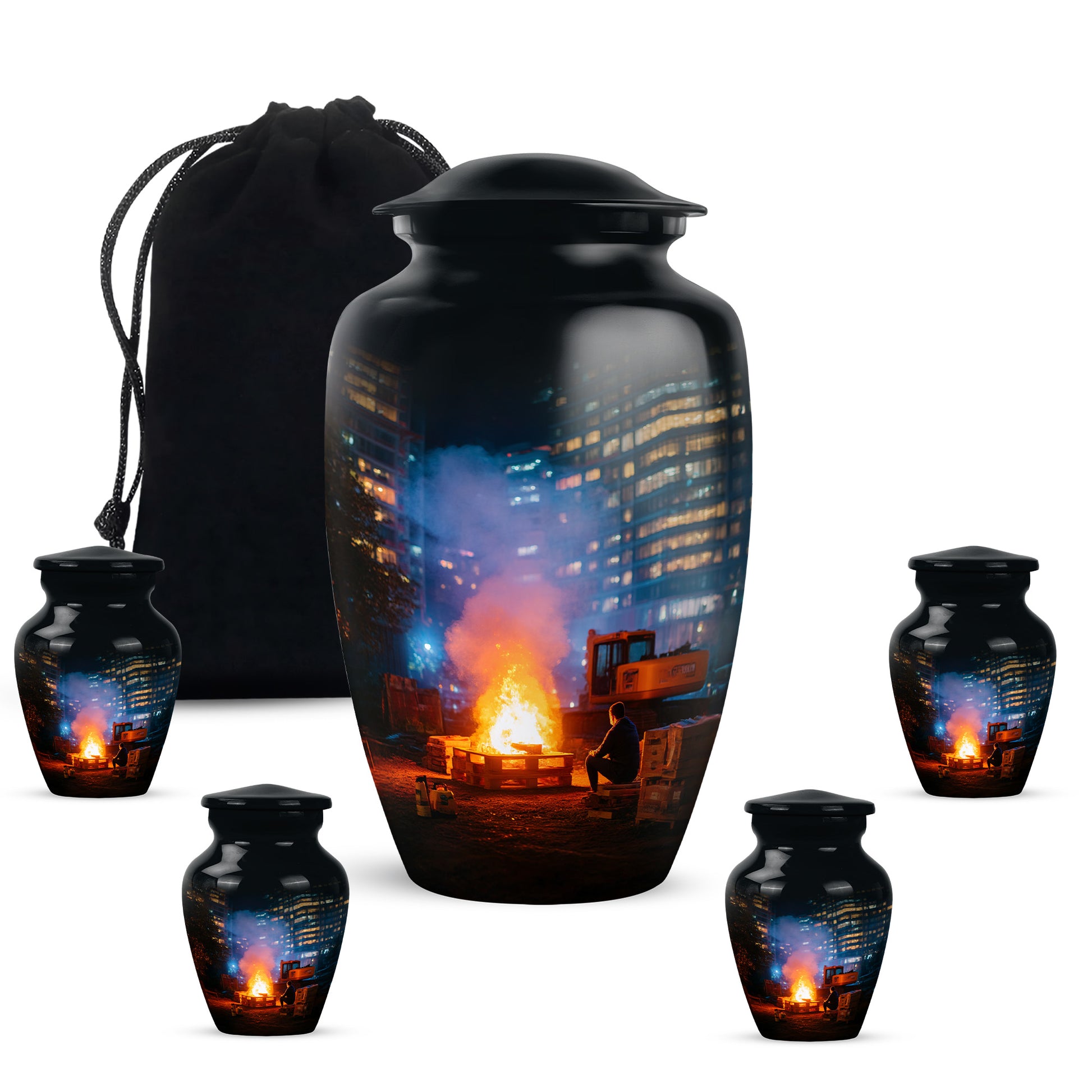 Deep Black Campfire Cremation Urn top-down view of secure threaded lid - classic sculpted campfire pattern on smooth aluminum - memorial set with one large and four small urns