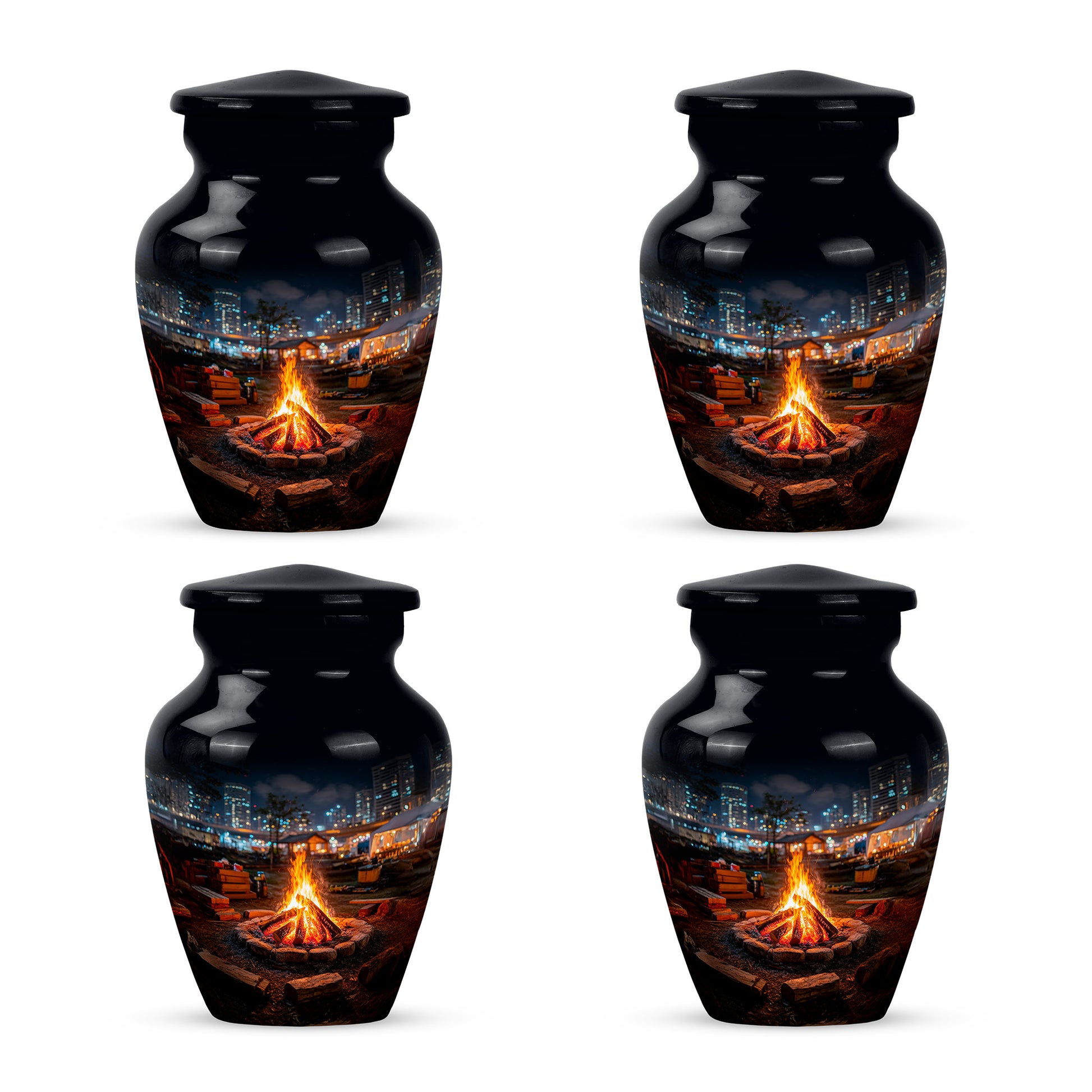 Glossy Black Campfire Cremation Urn side profile showing urn shape - timeless campfire motif etched into premium metal - 10 inch aluminum urn for cremated remains