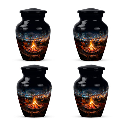 Glossy Black Campfire Cremation Urn side profile showing urn shape - timeless campfire motif etched into premium metal - 10 inch aluminum urn for cremated remains