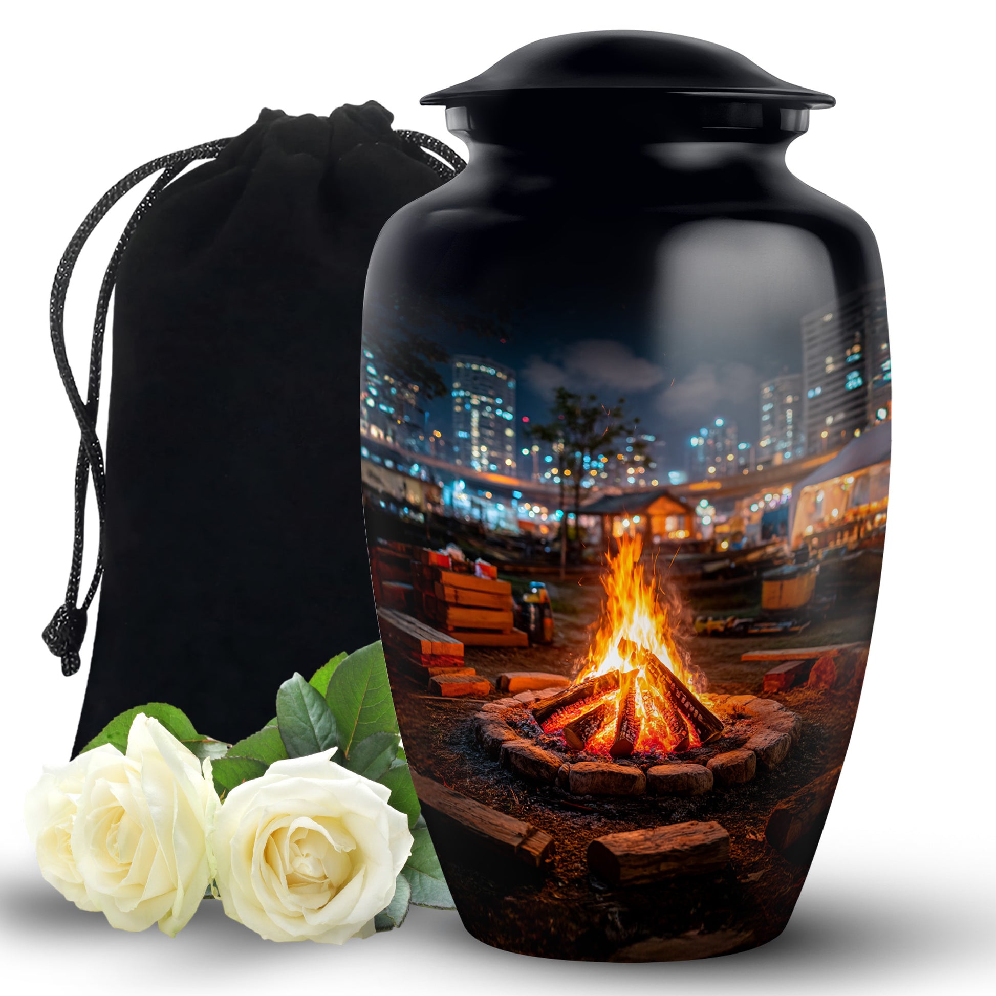 Ebony Campfire Cremation Urn angled view of lid and engraved motif - timeless campfire motif etched into premium metal - full-size 10 inch 200 cubic inch adult cremation urn