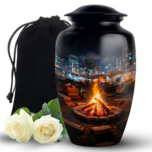 Ebony Campfire Cremation Urn angled view of lid and engraved motif - timeless campfire motif etched into premium metal - full-size 10 inch 200 cubic inch adult cremation urn