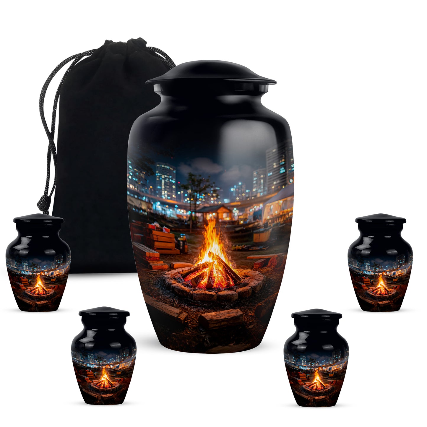Rich Black Campfire Cremation Urn top-down view of secure threaded lid - classic sculpted campfire pattern on smooth aluminum - memorial set with one large and four small urns