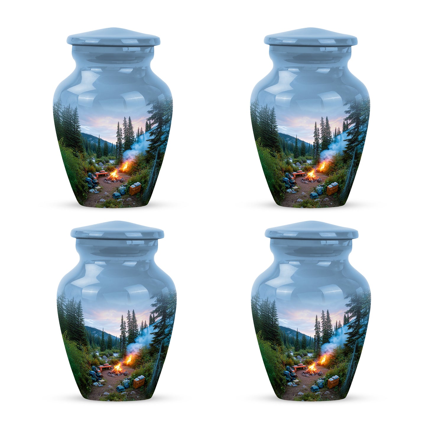 Soft Blue Campfire Cremation Urn side profile showing urn shape - elegant classic campfire relief with fine detailing - 10 inch aluminum urn for cremated remains
